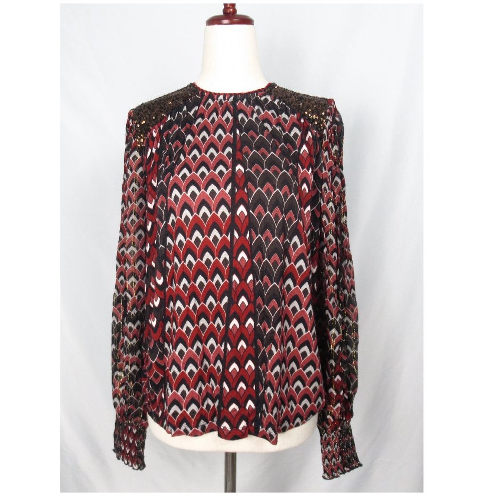 Bl-nk Anthropologie Emery Sequin-Embellished Blouse Wine Black & Red XS